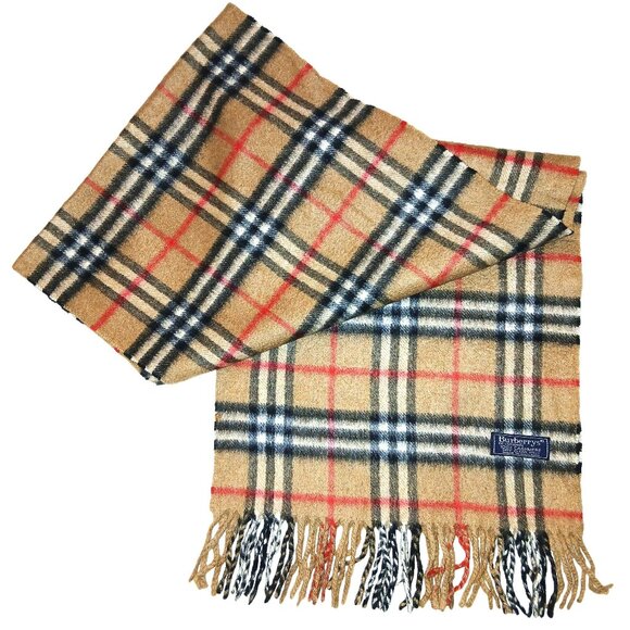 Vintage Burberry Tan Black Red Plaid Fall Winter Luxury Outdoor Scarf Scarves